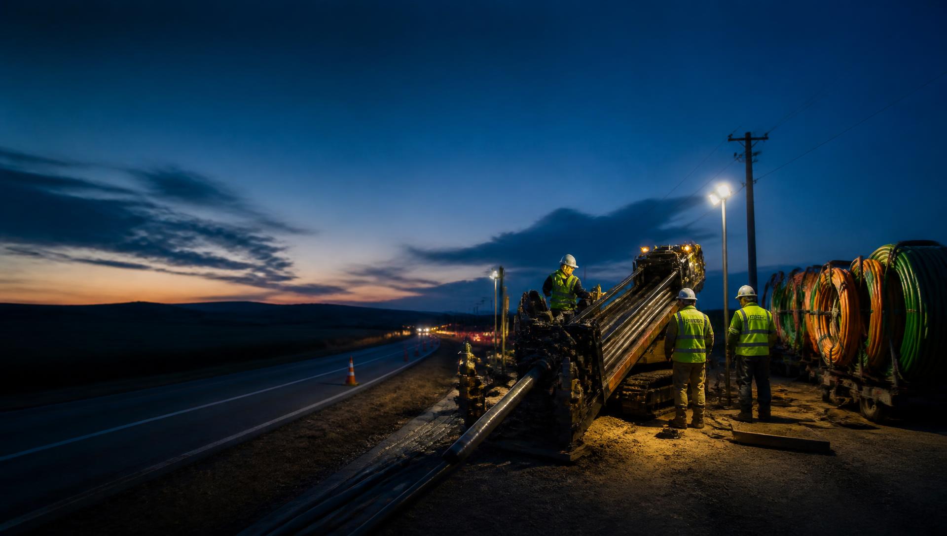 Fiber crew running a directional drill and conduit alongside a highway at dusk