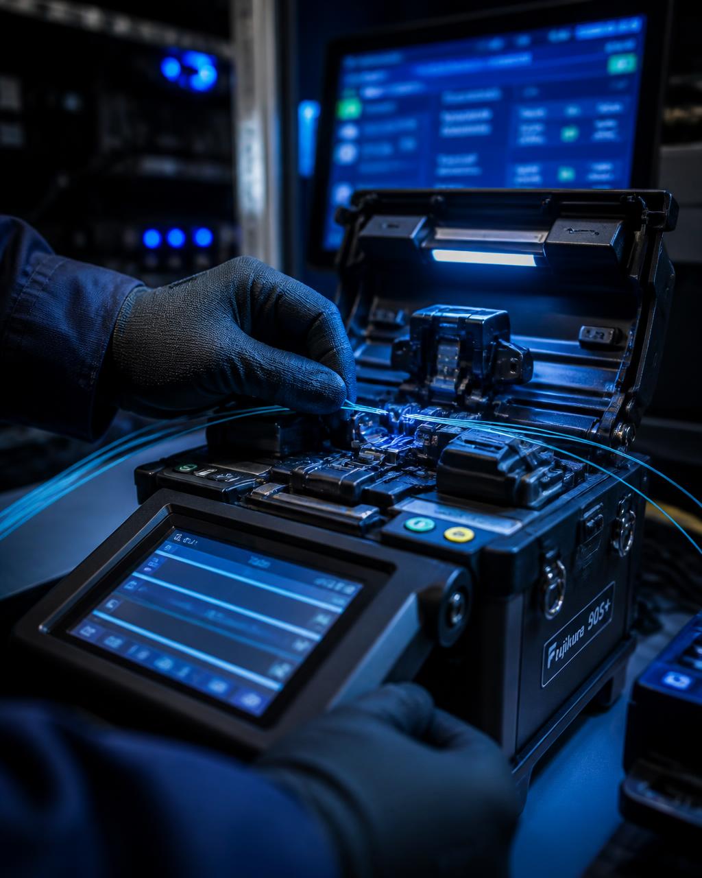 Technician using a fusion splicer on fiber strands inside a splicing trailer